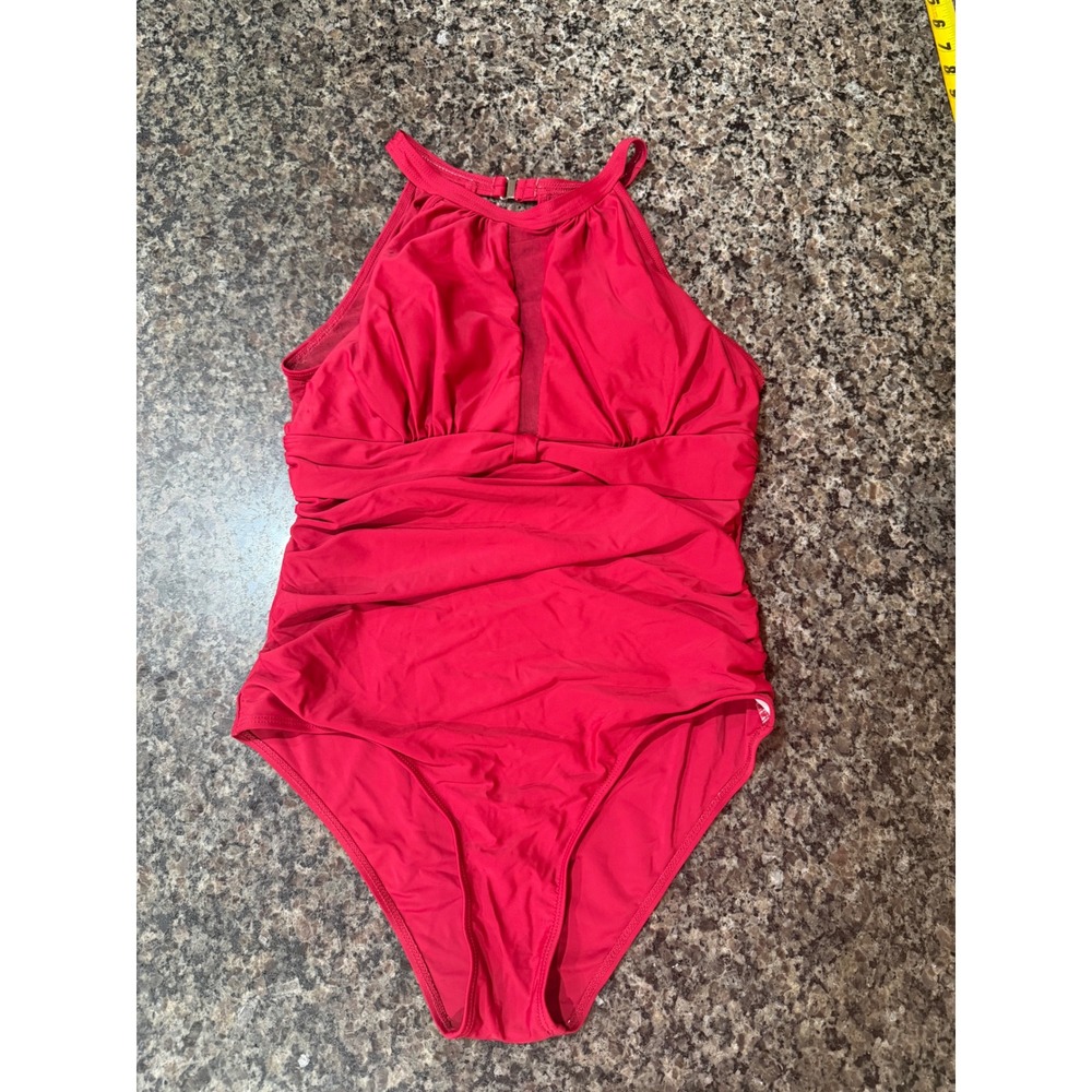 Red High Neck Mesh One Piece Swimsuit Ruched Halter Monokini Large